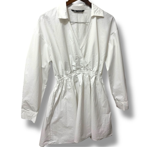 Zara | NWOT Turkey 100% Cotton White Poplin Wrap Shirt Dress (size M) - Picture 4 of 15